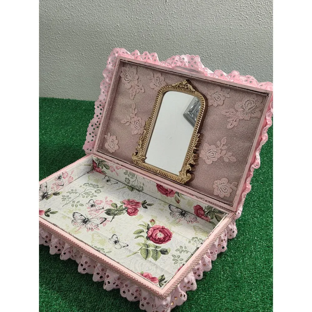 Hand-Restored Vintage Romantic Vanity Box & Shadow Box with Ornate Gold Mirror